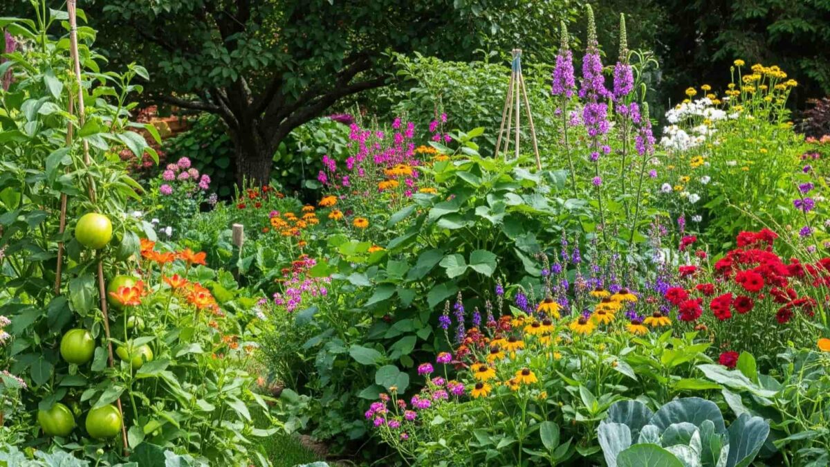 A vibrant garden showcasing healthy plants with deep green leaves, colorful flowers, and ripe fruits, illustrating the benefits of balanced NPK fertilizer.