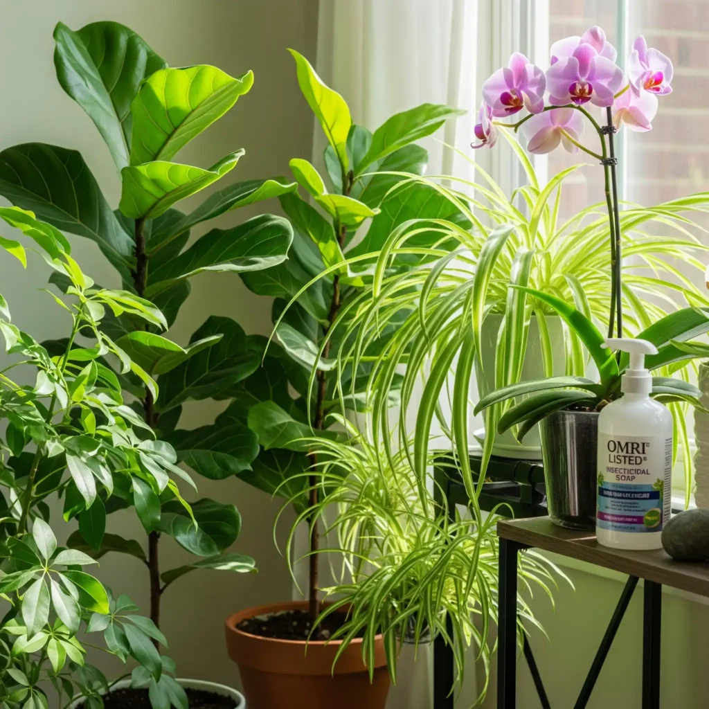 The Truth About DIY and Store-Bought Insecticidal Soap (And How to Use It Right!) 4 Collection of healthy, thriving houseplants, demonstrating successful pest management with tools like insecticidal soap for organic pest control.