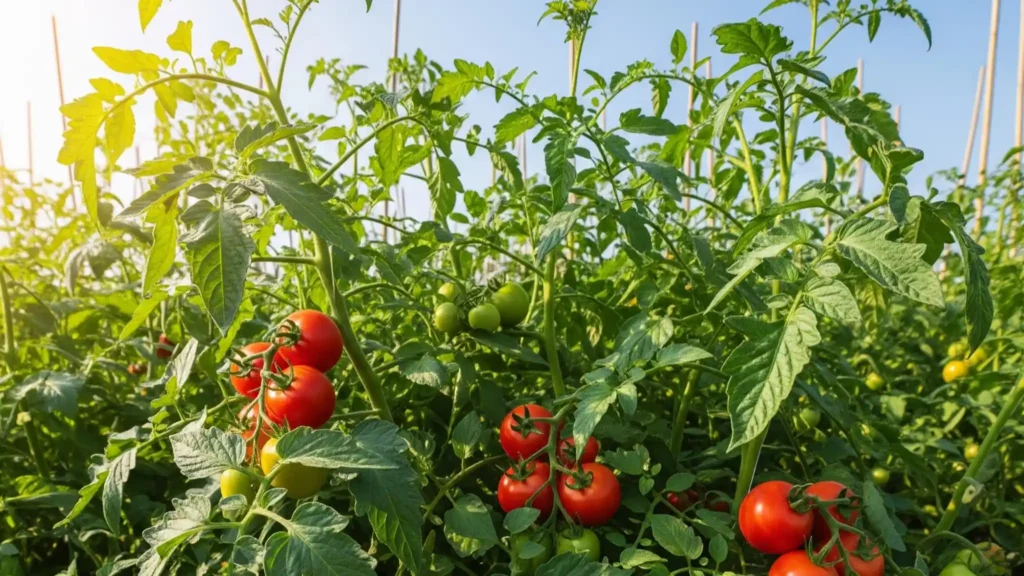Yellow Leaves, Green Veins: Is Your Tomato Starving? 3 A vibrant, healthy tomato plant with lush green leaves and ripening fruit, the result of proper care and nutrient management