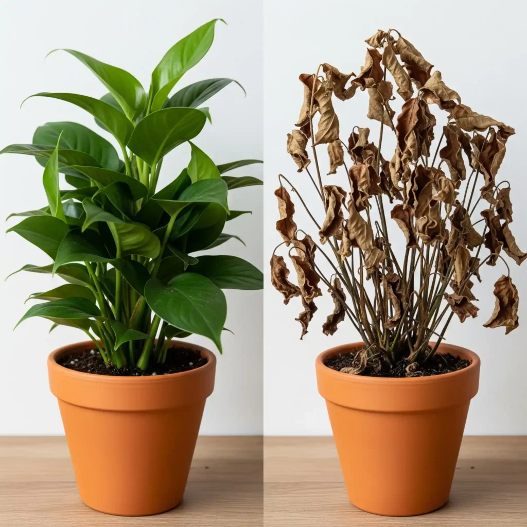 Identifying and Fixing Fertilizer Burn. Plant 911! Do You Have Too Much Love for Your Houseplants? 3 A visual comparison showing a healthy, vibrant houseplant next to an identical plant suffering from severe fertilizer burn symptoms.