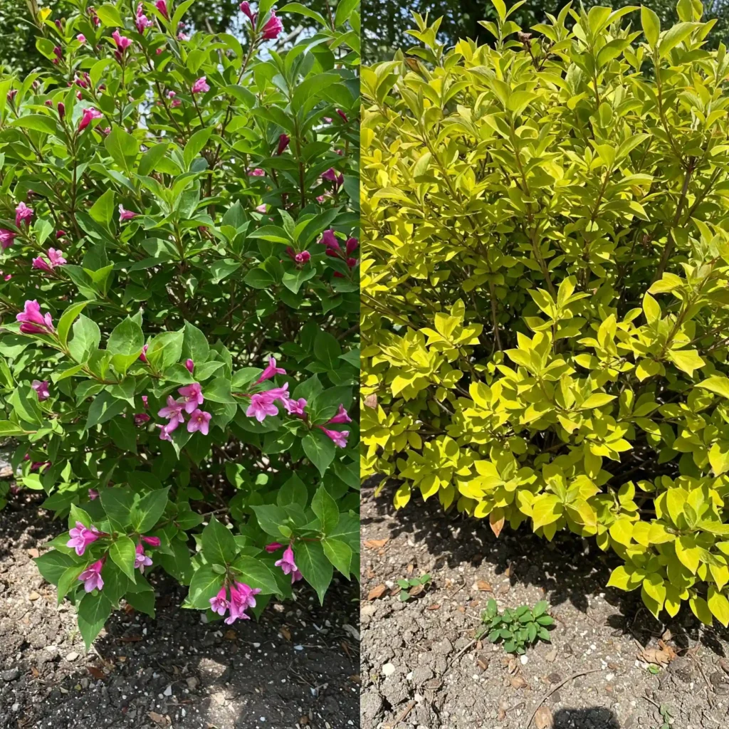 Comparison of a healthy Weigela in acidic soil versus an unhealthy Weigela with yellow leaves in alkaline soil.