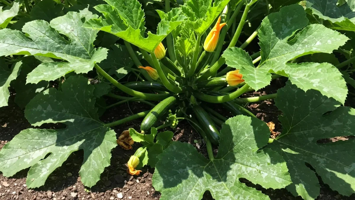 Allowing Your Zucchini to Breathe: The Hidden Key to a Successful Patch! 6 Healthy zucchini plant with large green leaves thriving in a garden with good air circulation and space between plants.