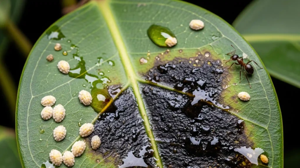 Plant leaf showing the effects of soft scale: sticky honeydew secretions and the resulting black sooty mold growth.