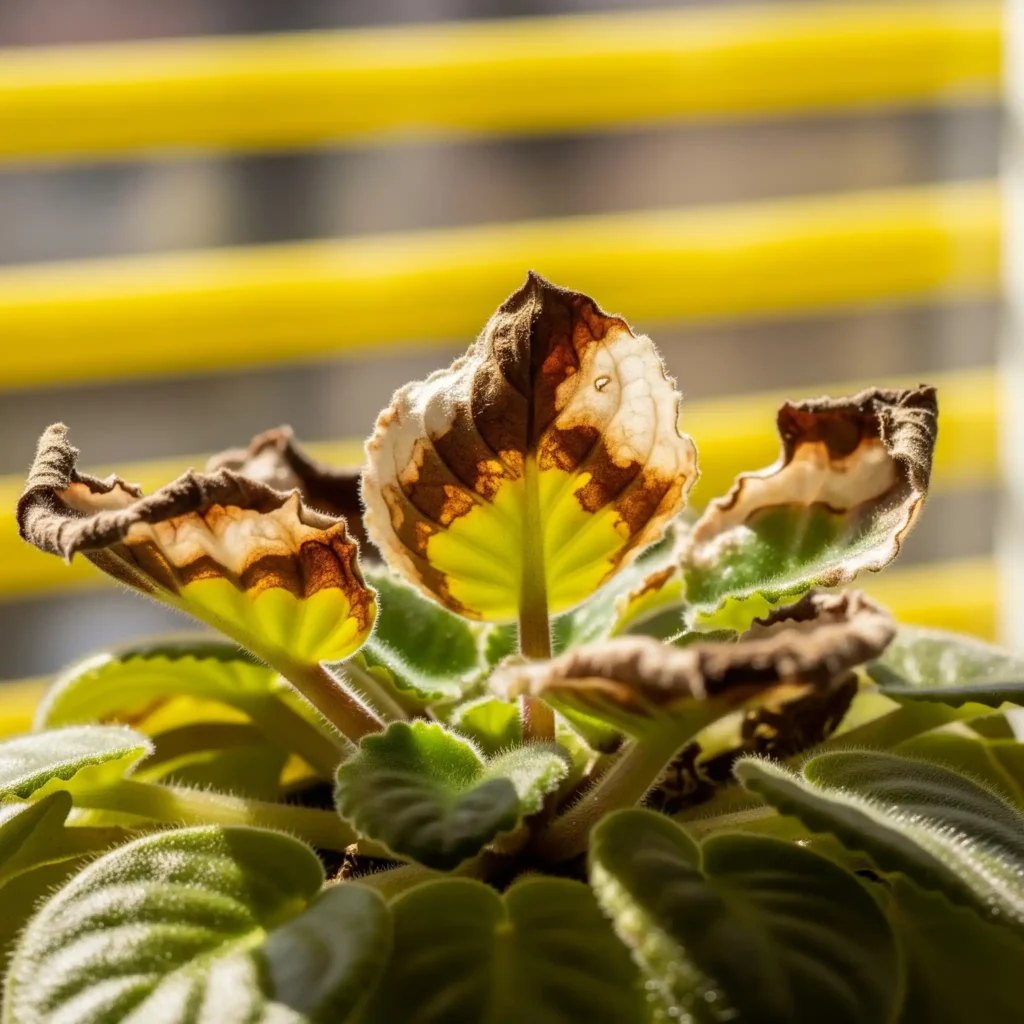 Is your house a hot house or an ice palace? Finding the Right Temperature for Houseplants to Grow Well 3 An African Violet with scorched and crispy leaves, a common symptom of heat stress or intense direct sunlight.
