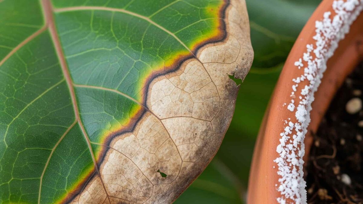Close-up of houseplant leaf with brown burnt tips and a pot rim showing white salt crust, illustrating symptoms of excess salt in soil.