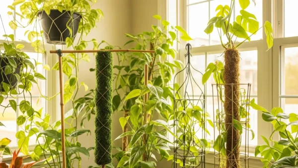 Diverse houseplants thriving with various supports, showcasing the benefits of good houseplant care and growth.