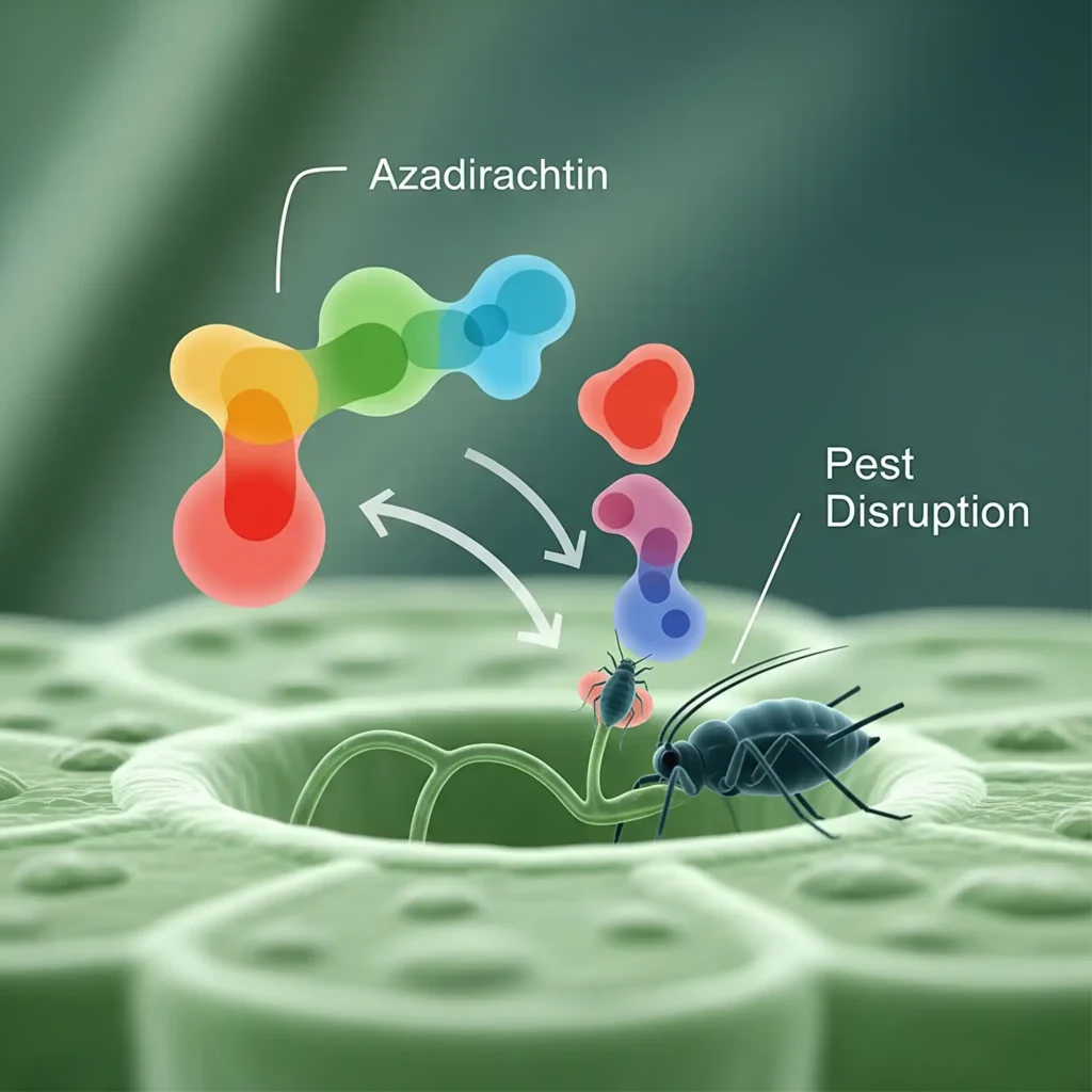 Illustration showing how Azadirachtin in neem oil acts as an insect growth regulator (IGR) disrupting plant pests.