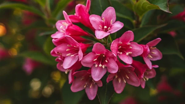 Vibrant Weigela shrub covered in abundant pink and red trumpet flowers with healthy deep green leaves, thriving in a garden setting showing how to fertilize weigela in your garden.