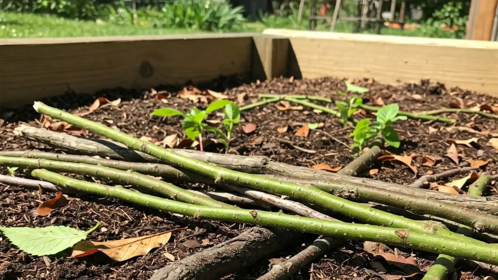 Cross-section illustration of a deep raised garden bed showing layers of natural materials like branches and leaves at the bottom, topped with soil, following a Hugelkultur-lite approach.