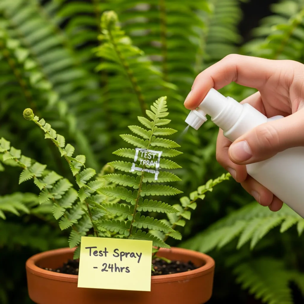 The Truth About DIY and Store-Bought Insecticidal Soap (And How to Use It Right!) 2 Performing a crucial test spray of insecticidal soap on a plant leaf to check for phytotoxicity before full treatment.