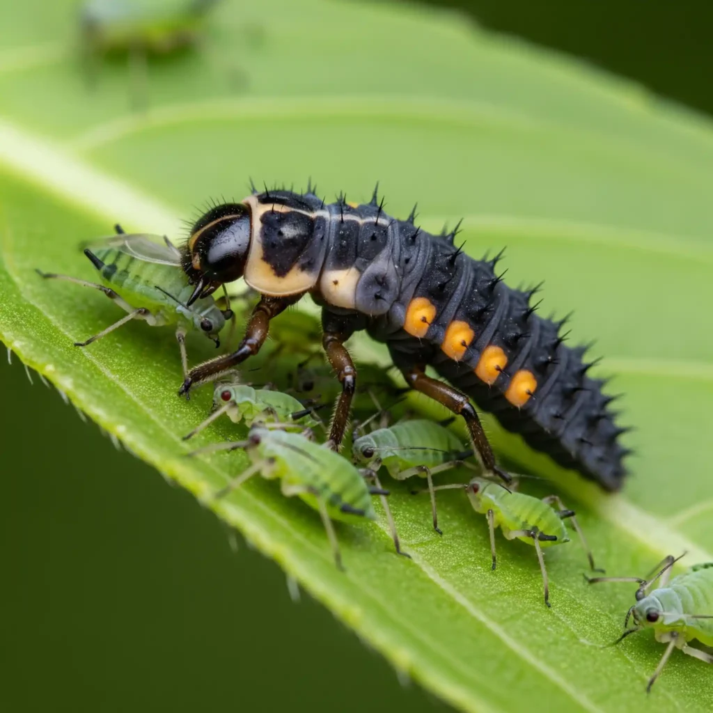 Aphid Warning! How to Find and Treat These Tiny Plant Vampires? 3 A ladybug larva, a valuable beneficial insect, is shown actively eating aphids on a leaf, demonstrating natural garden pest control.