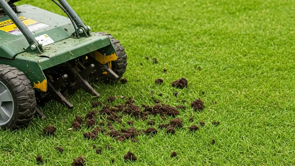 Core aeration machine removing soil plugs from a lawn to improve drainage and air circulation, helping prevent mushroom growth.