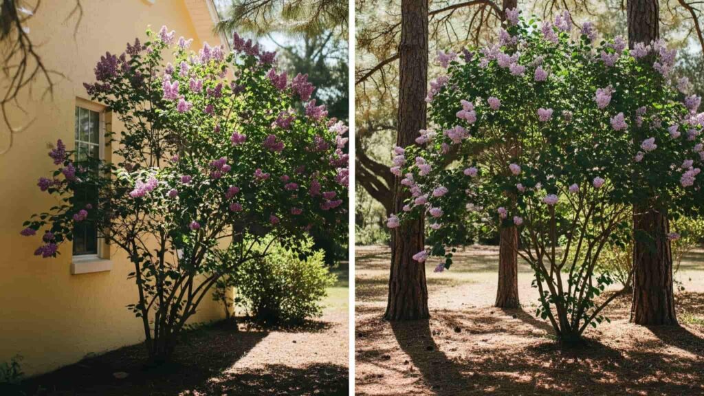 A low-chill lilac planted strategically to receive vital afternoon shade in a Florida garden, protecting it from intense heat.