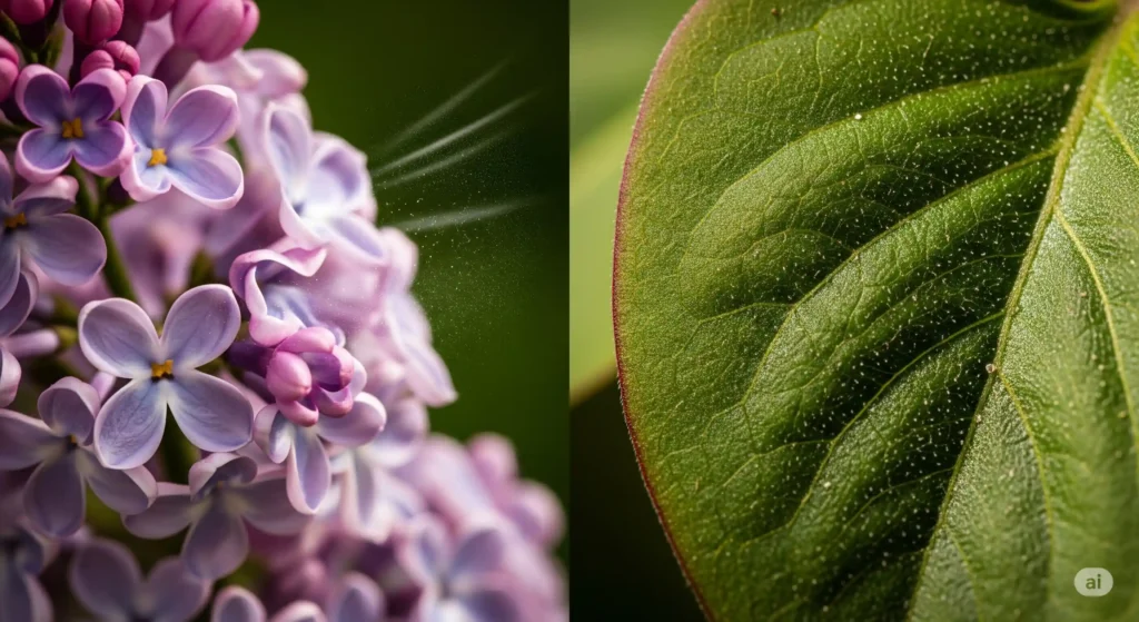Close-up showcasing a lilac's fragrant flowers and textured leaf, natural defenses that contribute to it being deer resistant