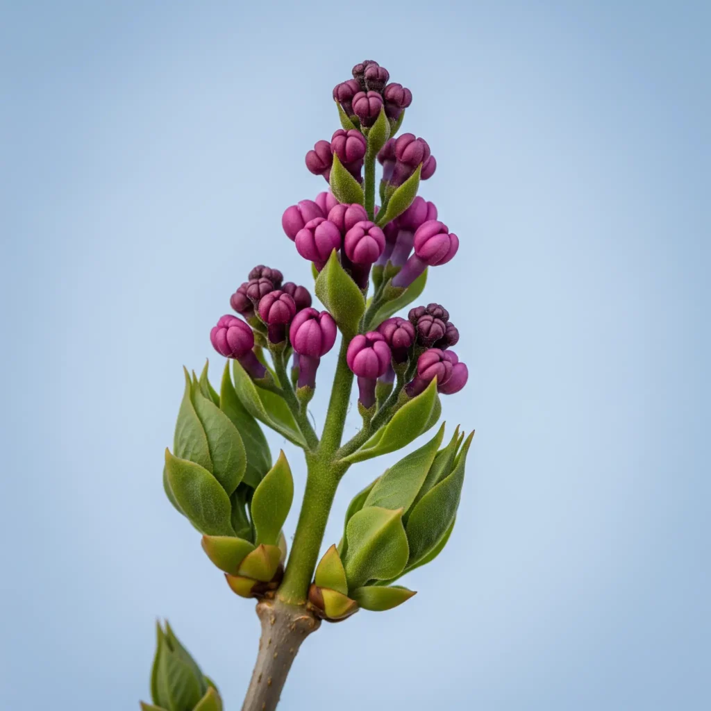 Close-up of a lilac branch showing plump flower buds formed on "old wood" from the previous season, ready to bloom in spring.