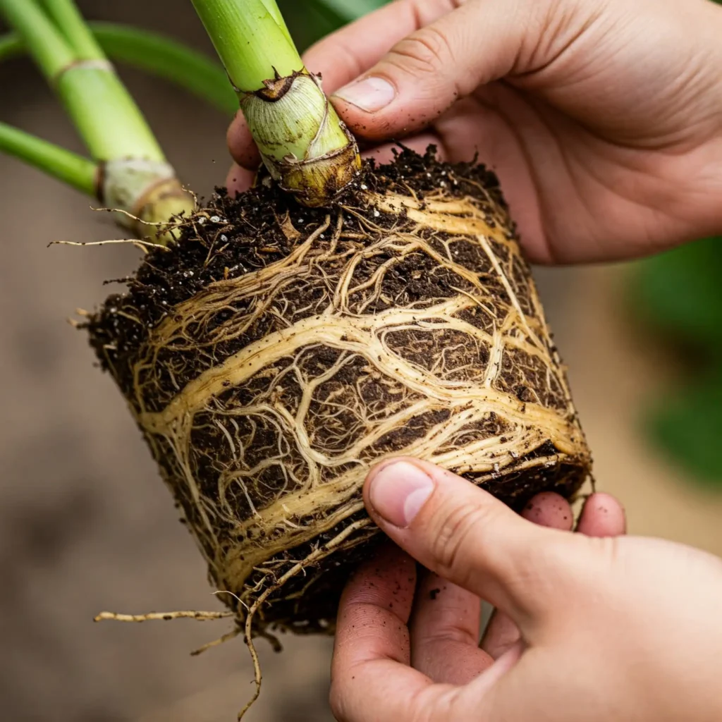 Mastering Pot Problems: How to Identify and Fix Root Bound Problems 1 Hands gently loosening the circling roots of a root bound plant before repotting to encourage outward growth