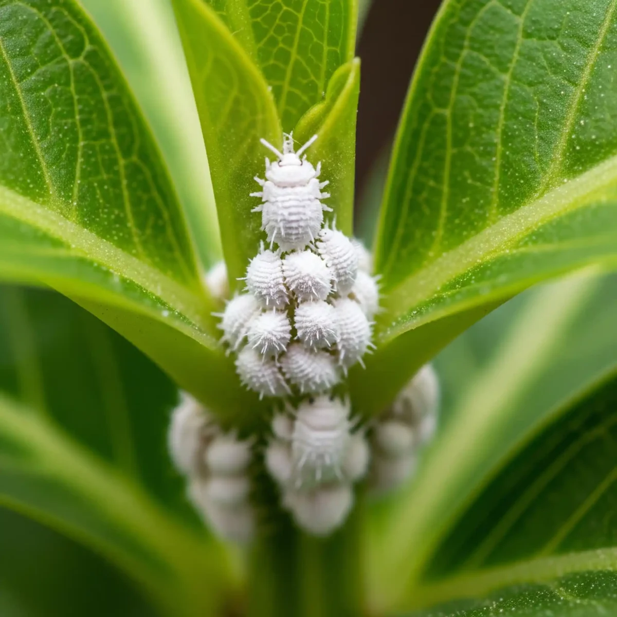 How to Find and Treat Mealybugs: Your Complete Guide To Get Rid Of Those Fuzzy "Fiends"! 7 Close-up image of white, cottony mealybugs clustered in the leaf axil of a houseplant.