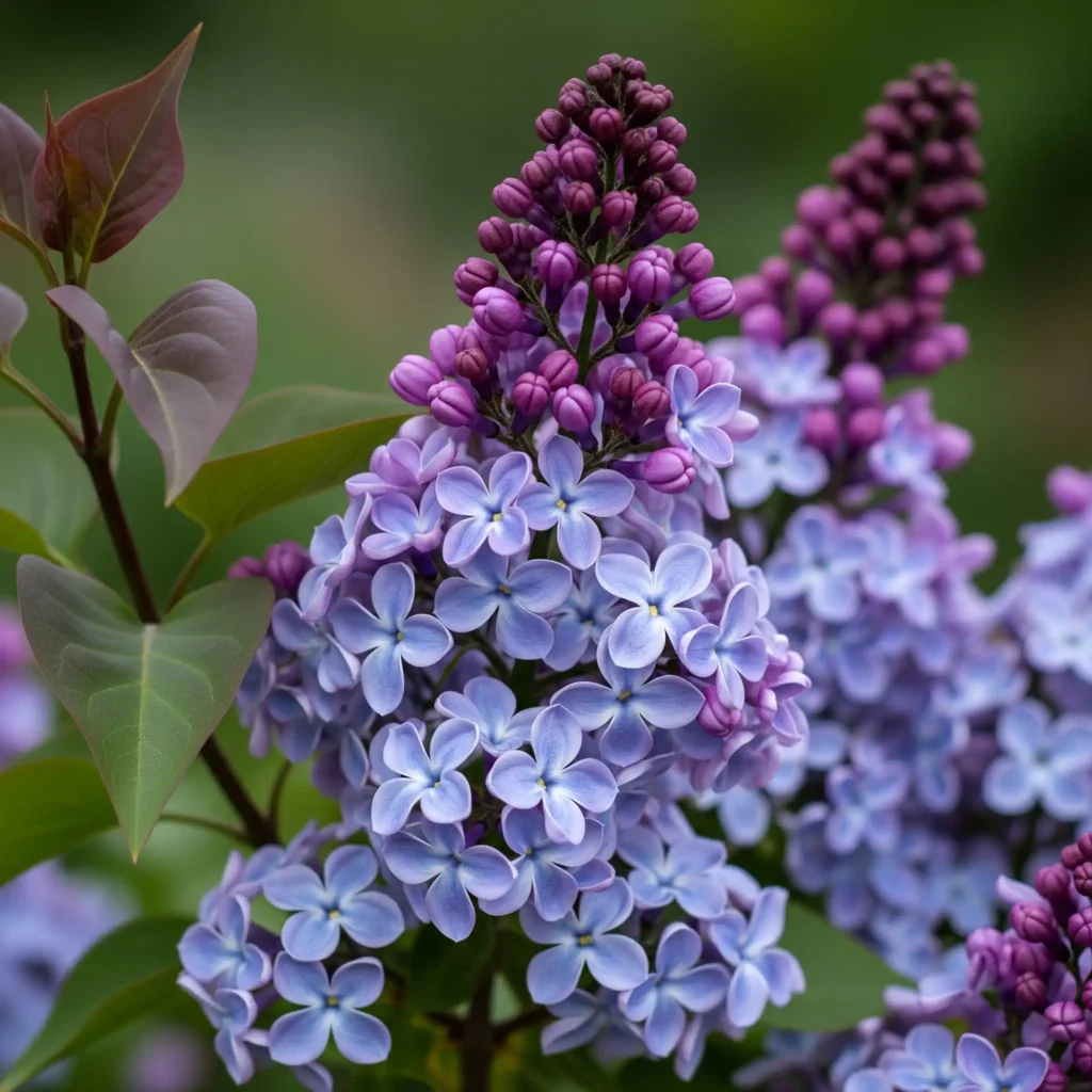 Close-up of a 'Miss Kim' lilac displaying its icy blue florets and deep green foliage, a top heat-tolerant lilac for zone 9.