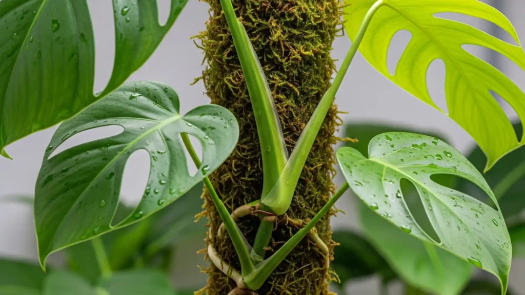 Healthy Monstera deliciosa leaves and aerial roots gripping a damp moss pole, promoting mature houseplant growth.
