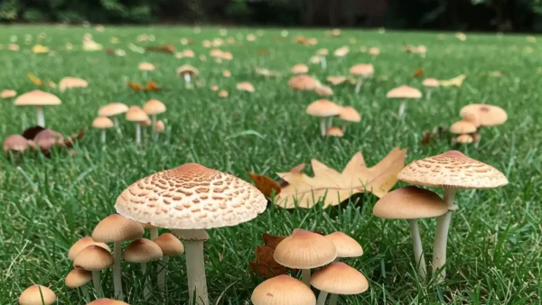 A lush green lawn is dotted with a diverse collection of wild mushrooms, varying in size, shape, and cap color, illustrating a common phenomenon that many homeowners experience. Fallen autumn leaves are scattered amongst the fungi, suggesting recent environmental conditions conducive to their rapid growth. This image visually addresses the question, "Why Are Mushrooms Suddenly Appearing in My Yard?" and highlights the unexpected emergence of these fascinating organisms in a typical residential setting.