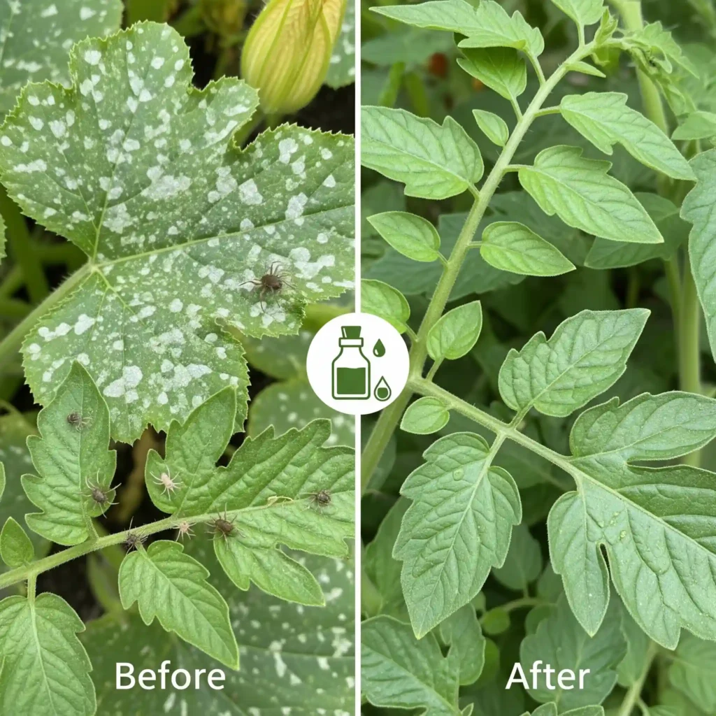 Before and after images showing plant leaves with powdery mildew and spider mites treated successfully with neem oil.