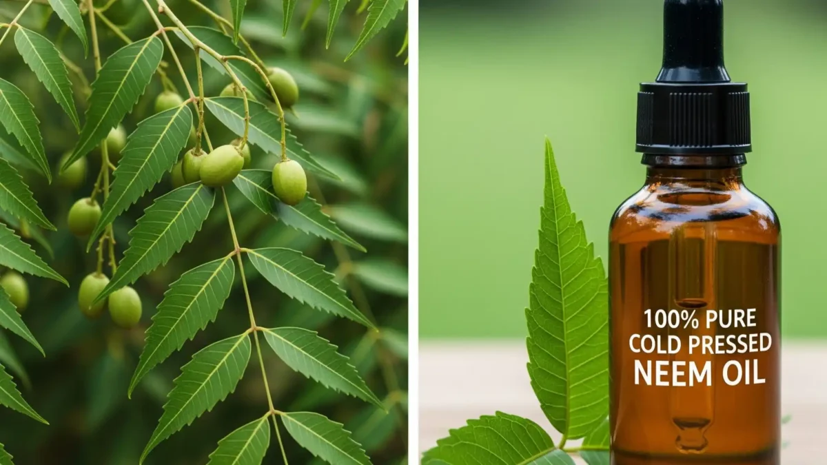 Are pests and diseases getting you down? The best way to use neem oil safely and effectively. 9 The Azadirachta indica (neem) tree branch with seeds next to a bottle of cold-pressed neem oil, a natural pesticide.
