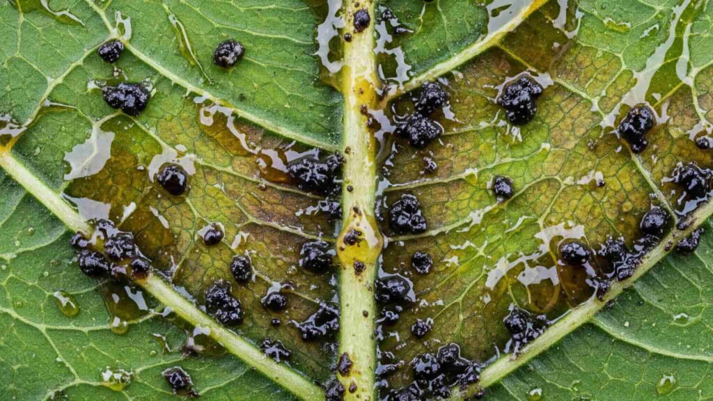 Plant leaf covered with sticky honeydew and black sooty mold, indicators of sap-sucking mealybugs.