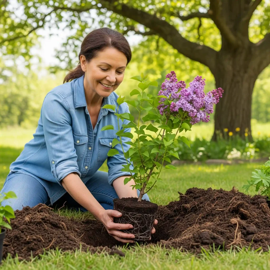 Gardener carefully planting a heat-tolerant lilac, ensuring morning sun and afternoon shade for optimal growth in a zone 8 garden.