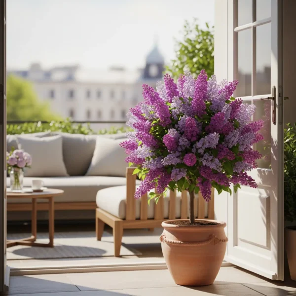 A stunning dwarf lilac bush in full bloom, thriving in a decorative pot on a sunny patio or balcony, showcasing successful container gardening.