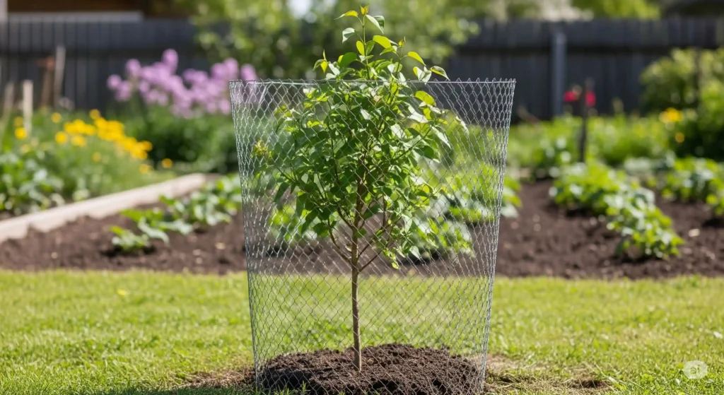 A young lilac sapling protected from deer by a wire mesh cage, an effective physical barrier for vulnerable plants.