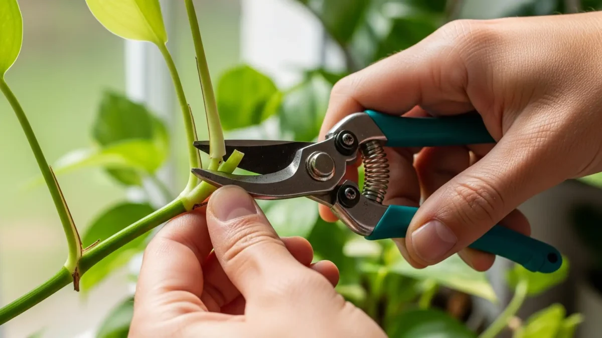A person prunes a leggy Pothos houseplant stem to encourage bushier, fuller growth.