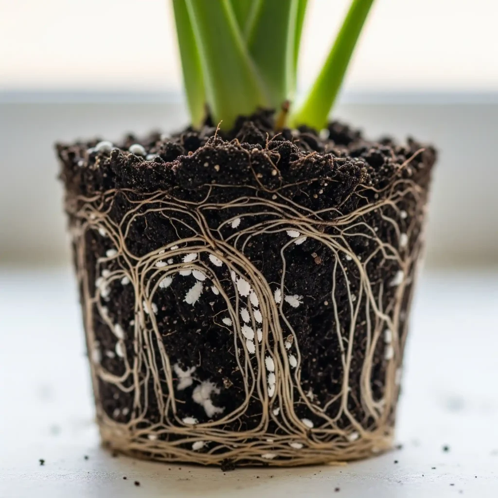 White, waxy root mealybugs visible on a plant's root ball during the repotting process.