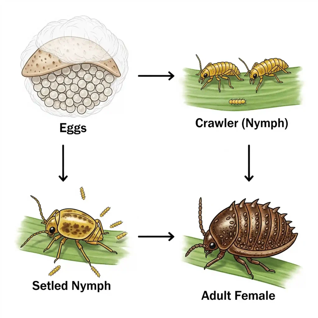 Diagram illustrating the life cycle of scale insects, emphasizing the egg, vulnerable crawler, nymph, and adult stages for better control.