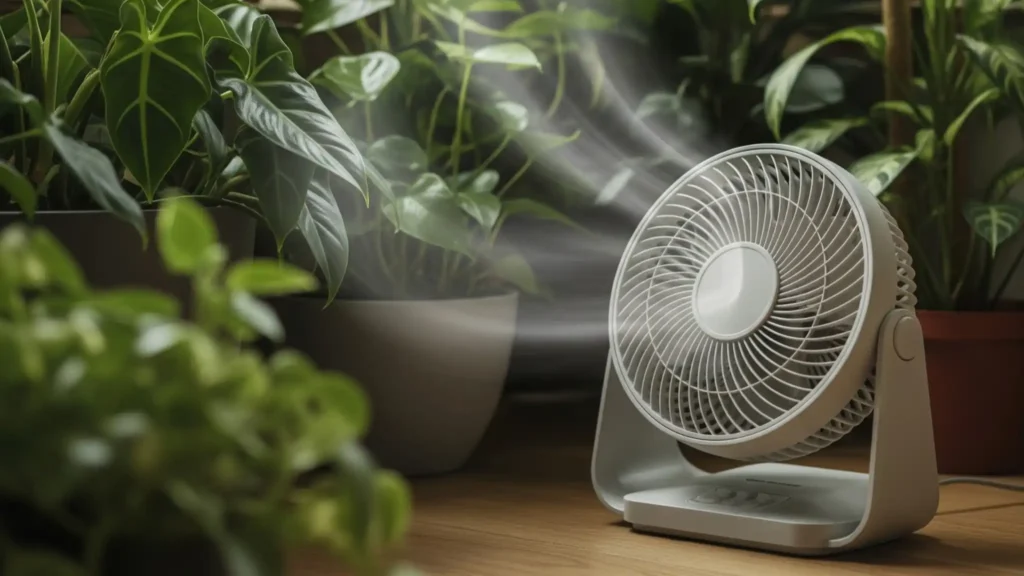 How to Control Humidity, Temperature, and Airflow for Healthy Plants 2 A small oscillating fan providing gentle air circulation in a room with several houseplants, promoting healthy growth