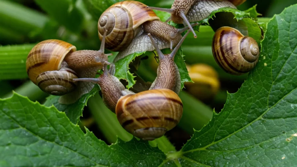 A close-up of snails feeding on zucchini leaves.
