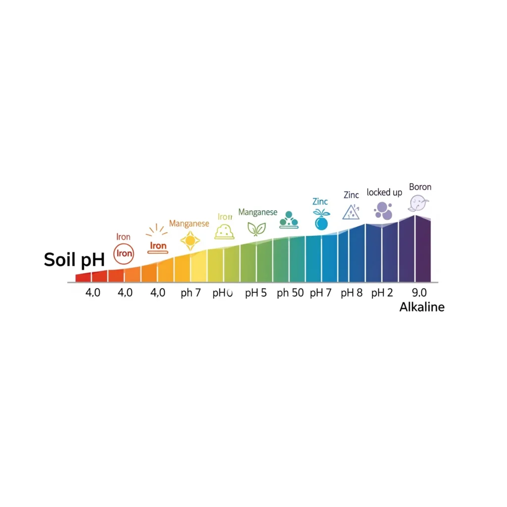 Infographic illustrating how soil pH affects the availability of essential plant micronutrients, showing optimal ranges for uptake.
