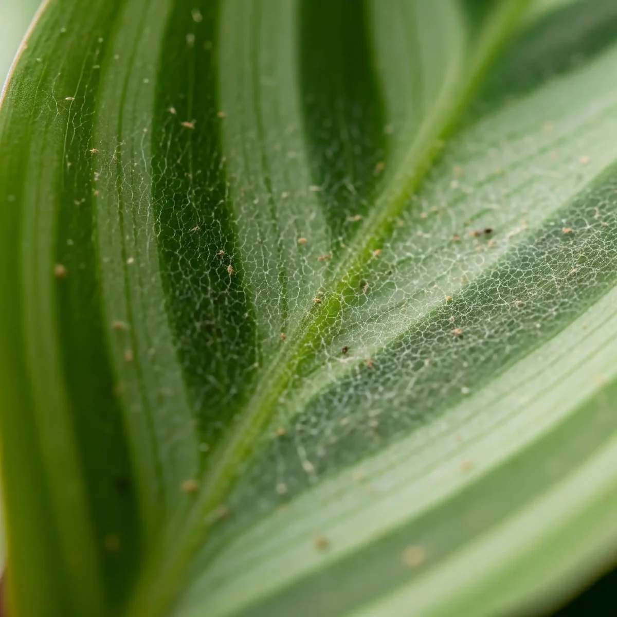 How to Find Spider Mites, Their Life Cycle, and How to Get Rid of Them 5 Close-up of tell-tale fine webbing on a plant leaf, a primary sign of a spider mite infestation