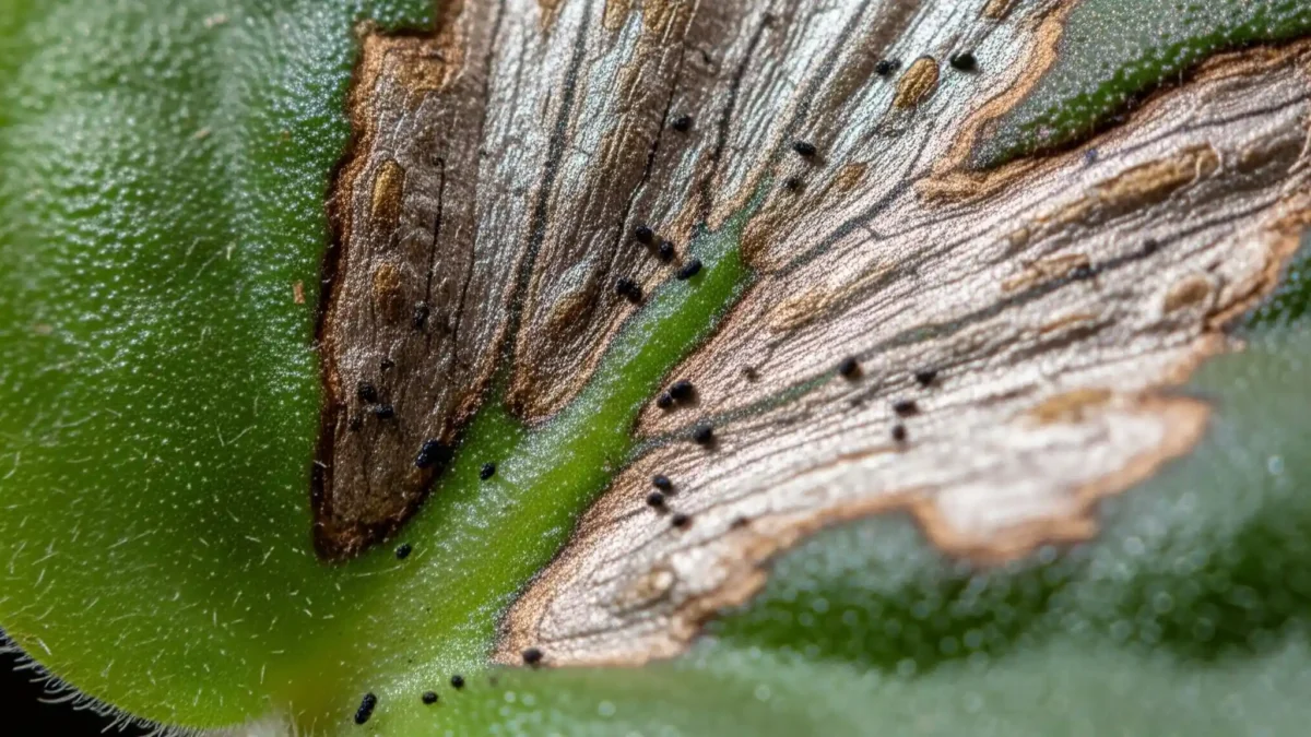 The Ultimate Guide to Thrips—How to Find Them, How They Live, and How to Get Rid of Them 8 Close-up of plant leaf showing silvery streaking and tiny black frass, key signs of thrips feeding damage.