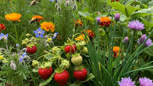 A vibrant strawberry patch flourishing with ripe red strawberries, blue borage flowers, orange marigolds, and purple chive blossoms, illustrating successful companion planting.