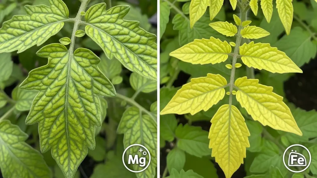 Yellow Leaves, Green Veins: Is Your Tomato Starving? 1 Comparison of magnesium deficiency (yellowing lower tomato leaves) and iron deficiency (yellowing upper tomato leaves) symptoms.