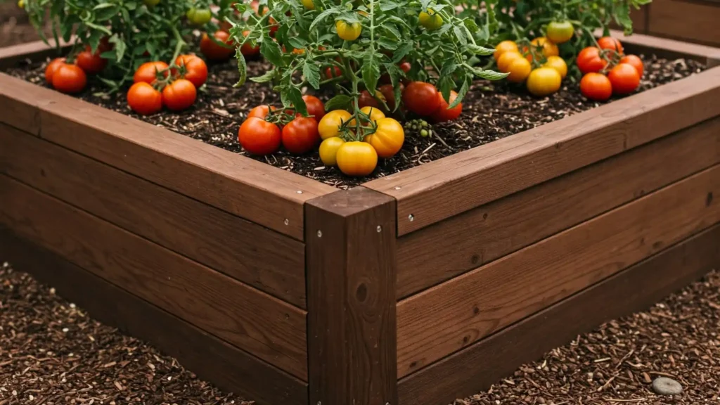 Close-up of a raised garden bed overflowing with mature red and yellow tomatoes nestled among green foliage and dark soil.
