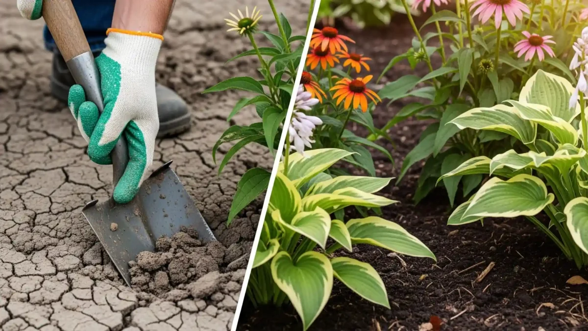 A gardener's hands working with a shovel in challenging clay soil, with a section of improved, loamy soil and thriving plants visible nearby, symbolizing transformation.