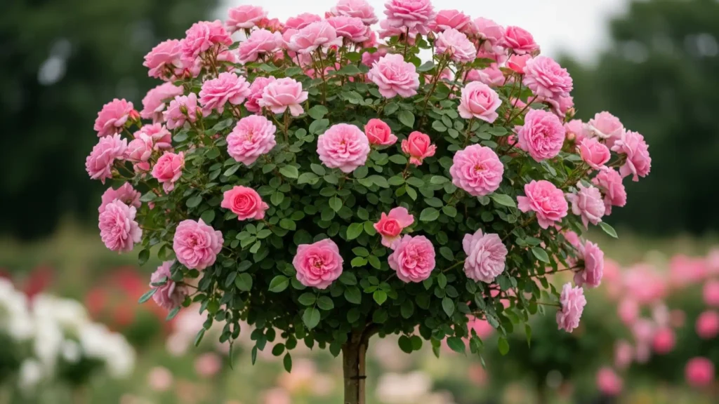 Learn How to Prune Your Bushy, Vining, and All Other Types of Plants Like a Pro 1 Close-up of a standard tree-form rose with a clean, single trunk, demonstrating successful formative pruning.