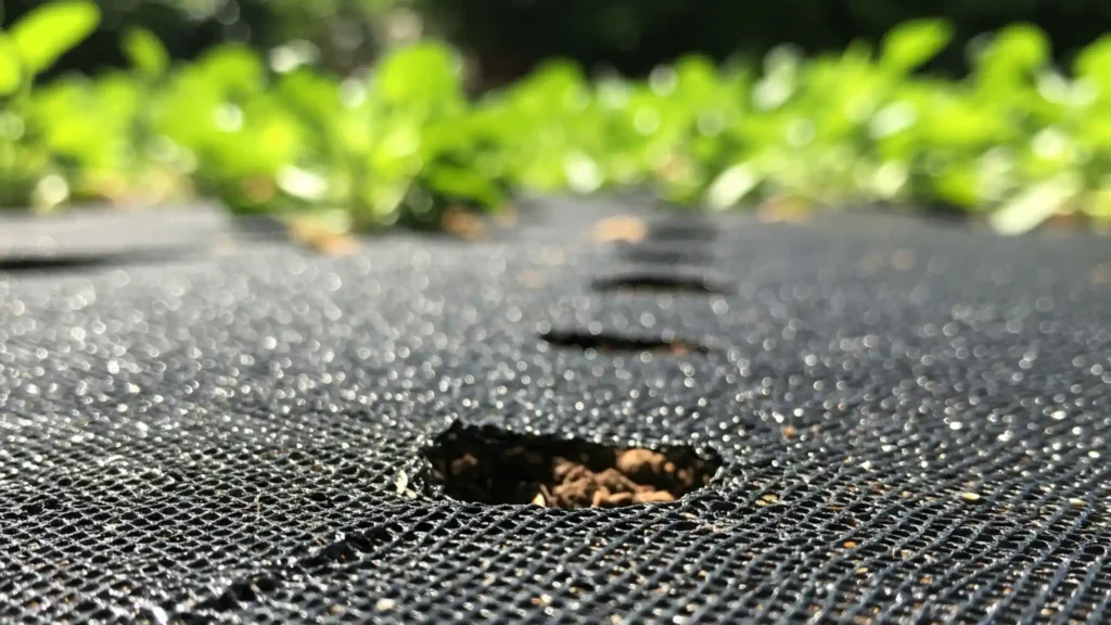 A close-up, low-angle shot shows a section of black woven weed barrier fabric stretched taut over soil. Several circular cutouts reveal the dark brown earth beneath. In the blurred background, vibrant green leafy plants emerge from similar openings in the fabric. The focus is sharpest on the texture of the weed barrier in the foreground, highlighting its mesh-like weave