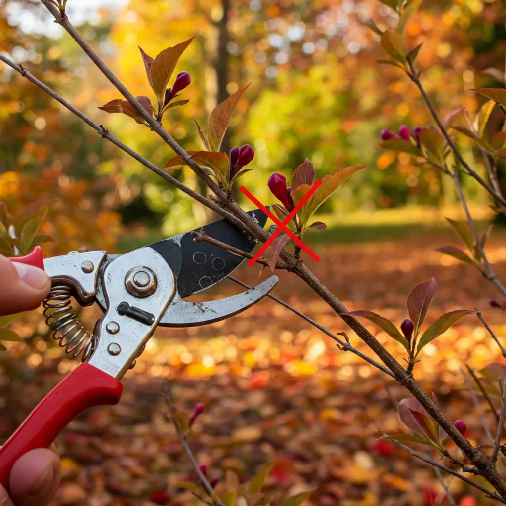 Pruning Your Weigela at the Wrong Time Costs You Blooms! 1 Gardener making a common mistake by pruning a Weigela shrub in the fall, thereby cutting off the branches that contain next year's flower buds.