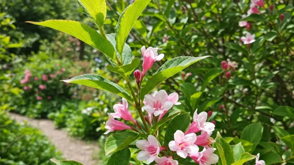 Close-up of a healthy Weigela shrub with abundant pink blossoms and green leaves, showcasing the results of providing the full sun it needs to flourish