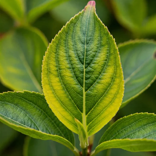 Weigela leaves showing iron chlorosis: yellow leaf with green veins, a sign of alkaline soil stress.
