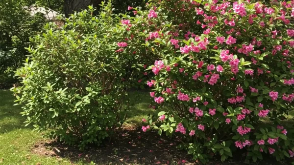 Comparison of a Weigela shrub not blooming in partial shade next to a Weigela shrub in full sun, illustrating a common cause for lack of flowers