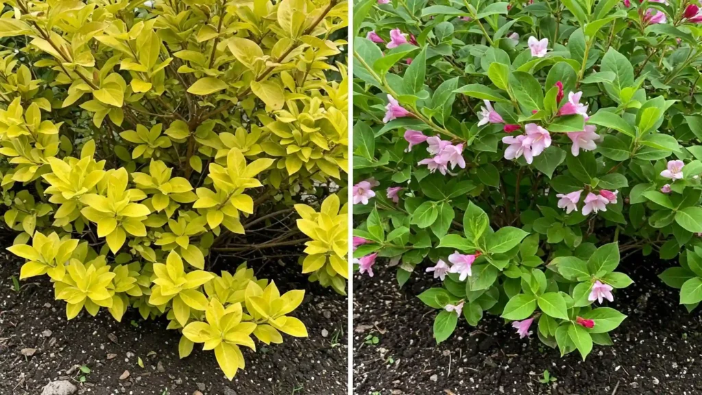 Comparison showing a Weigela struggling in poor soil versus thriving in rich, healthy, well-amended soil, highlighting the importance of soil quality.