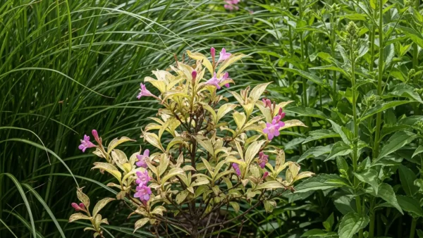 A Weigela shrub looking stressed and outcompeted by larger, more vigorous neighboring plants in a garden bed.